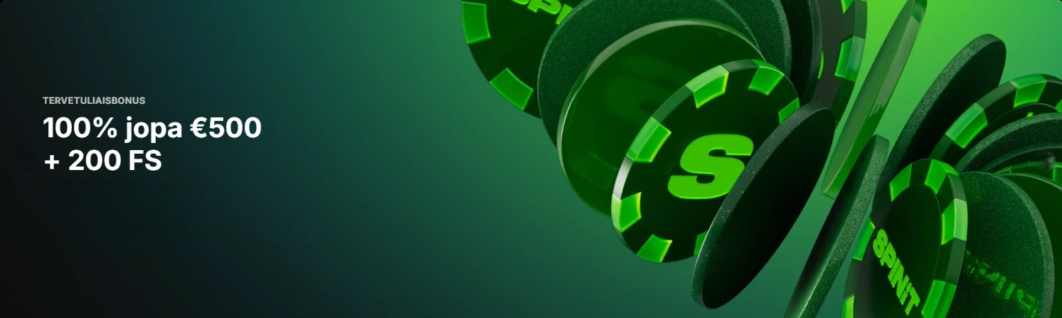 Spinit-kasinon tervetuliaisbonus 100 % jopa 500 € ja 200 ilmaiskierrosta etusivulla