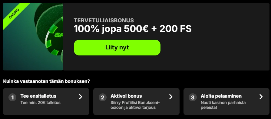 Spinit-kasinon tervetuliaisbonus 100 % jopa 500 € ja 200 ilmaiskierrosta