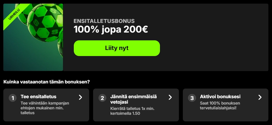 Spinitin urheiluvedonlyönnin tervetuliaisbonus 100 % jopa 200 €