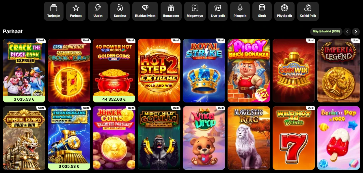 Spinit-kasinon pelivalikoima ja pelien kategoriat