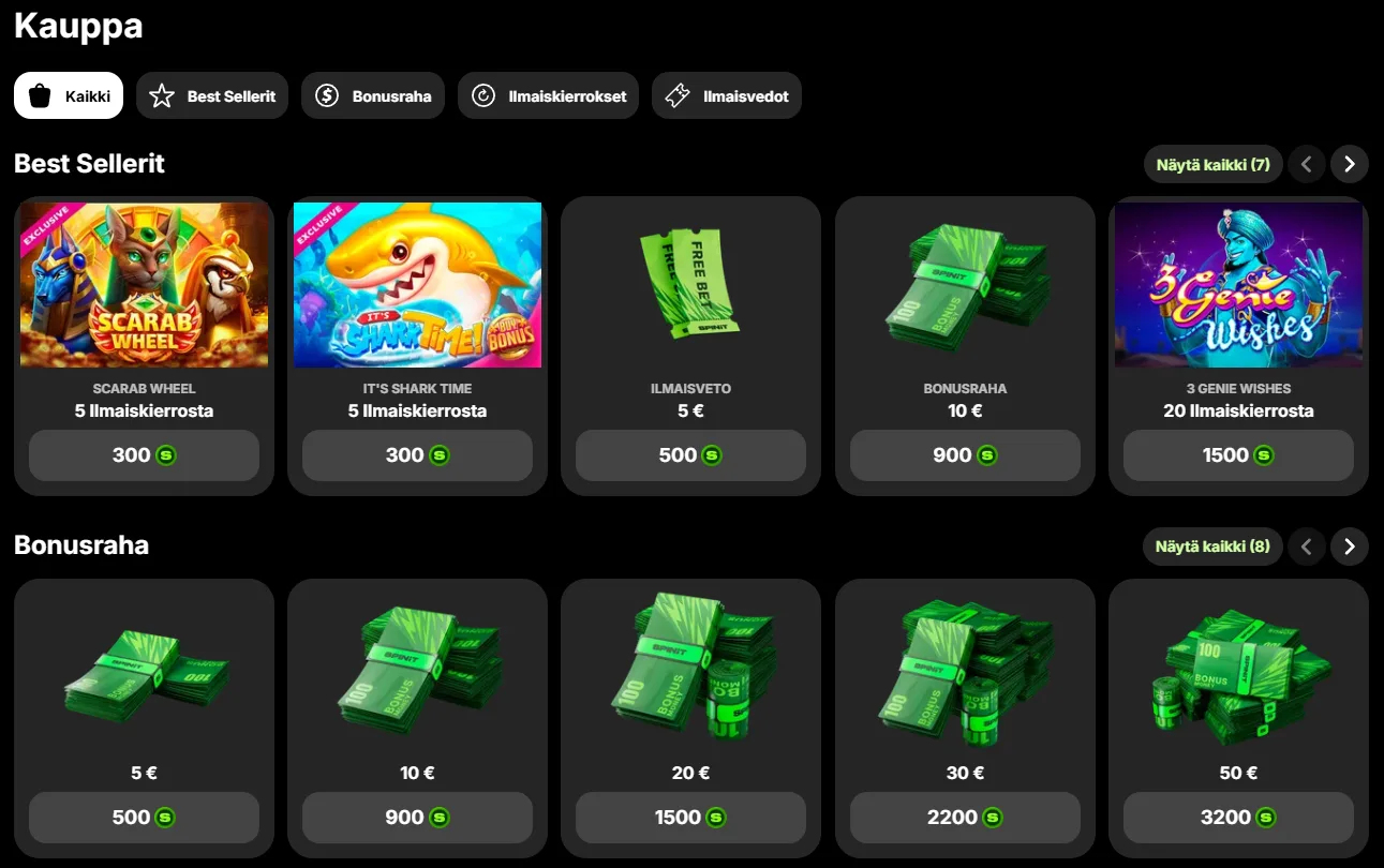 Spinit-kasinon Shop ja kolikkopalkinnot