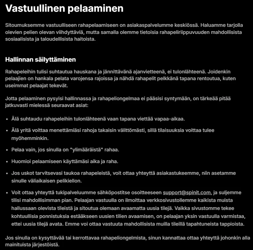 Spinit-kasinon vastuullisen pelaamisen sivu ja pelaajien tukitoiminnot